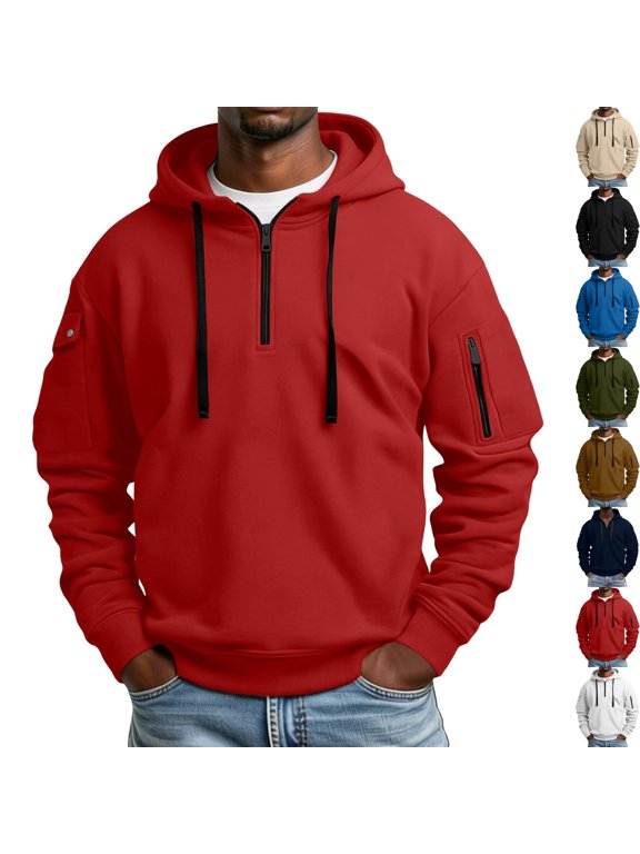 Mens 1/4 Zip Hooded Sweatshirt Fleece Pullover Warm Thermal Windproof Midlayer Jacket with Zipper Arm Pockets for Travel Running Cool Weather, Red, M