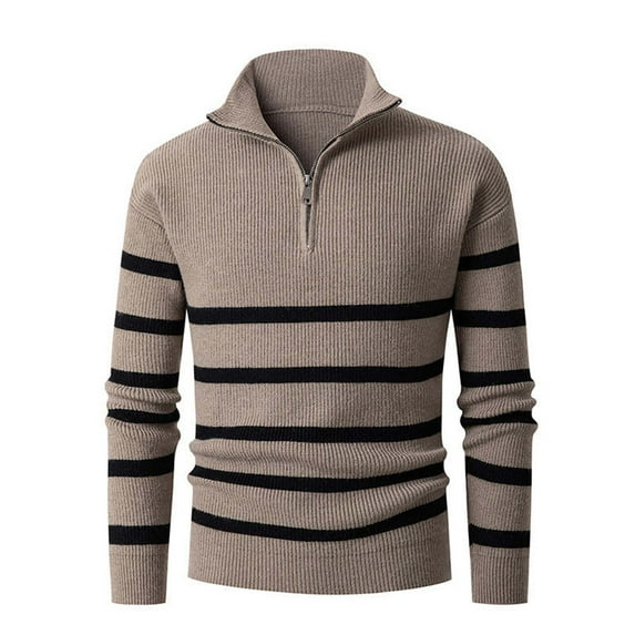 Mens 1/4 Zip Pullover Soft Knit Striped Sweaters for Men Stylish Quarter Zip Sweatshirts Stand/Lapel Collar Tops (3X-Large, Khaki)