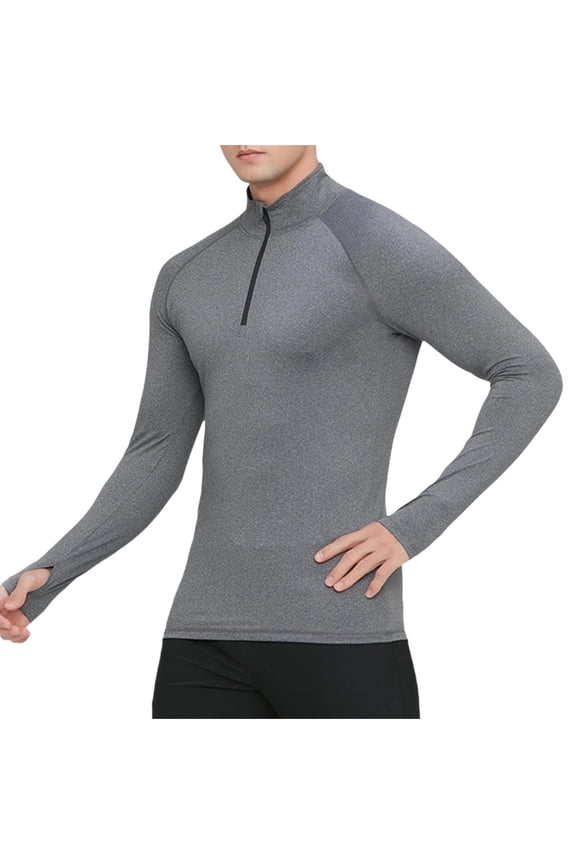 Mens 1/4 Zip Pullover Top Long Sleeve Mock Neck Athletic Compression Shirt Gym Workout Sweatshirt with Thumbs Holes