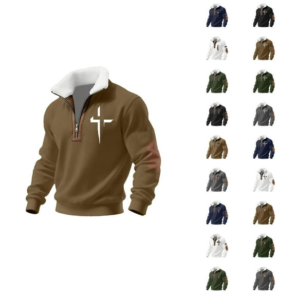 Mens 1/4 Zip Sweatshirt,Christian Hoodies for Men Cross Faith Pullover Lined Quarter Zip Stand Collar Golf Sweaters