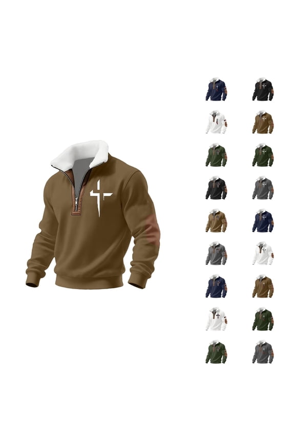 Mens 1/4 Zip Sweatshirt,Christian Hoodies for Men Cross Faith Pullover Lined Quarter Zip Stand Collar Golf Sweaters