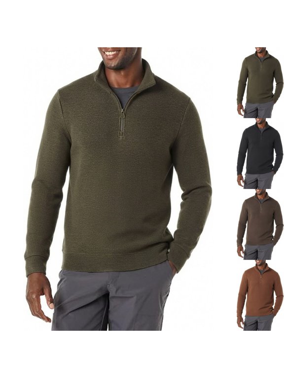 Mens 1/4 Zip Sweatshirt Warm Fleece Golf Midlayer Long Sleeve Stand Collar Pullover Tops for Hiking Camping Travel Outdoor Running Fall Winter, Army Green, M