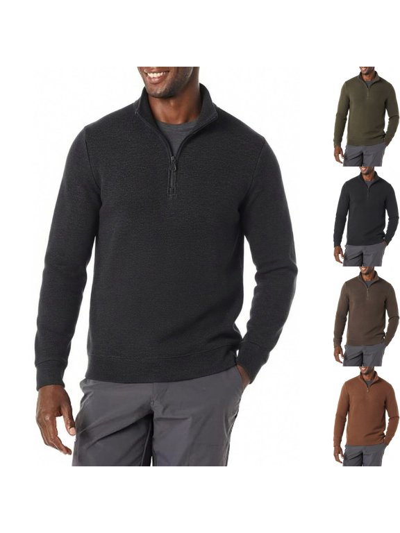 Mens 1/4 Zip Sweatshirt Warm Fleece Golf Midlayer Long Sleeve Stand Collar Pullover Tops for Hiking Camping Travel Outdoor Running Fall Winter, Black, XL