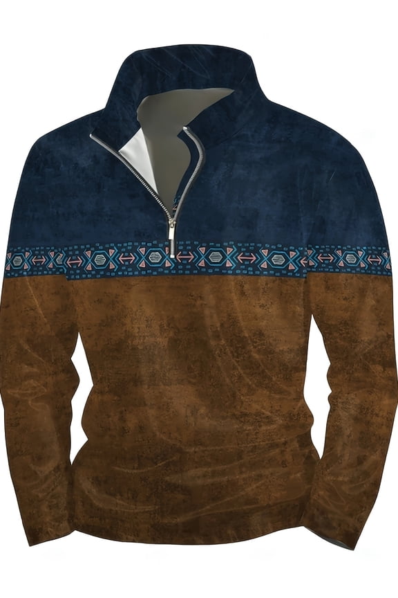 Mens 1/4 Zipper Retro Graphic Polo Shirts Plus Size Casual Long Sleeve Western Shirts Loose Fit Summer Pullover Tops Brown 3XL