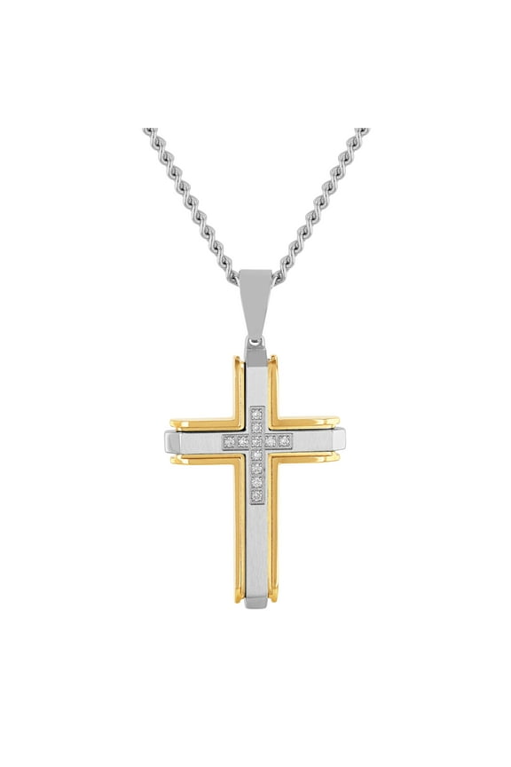Mens 1/4 ctw Lab-Grown Diamond Two-Tone Stainless Steel Cross Pendant Necklace