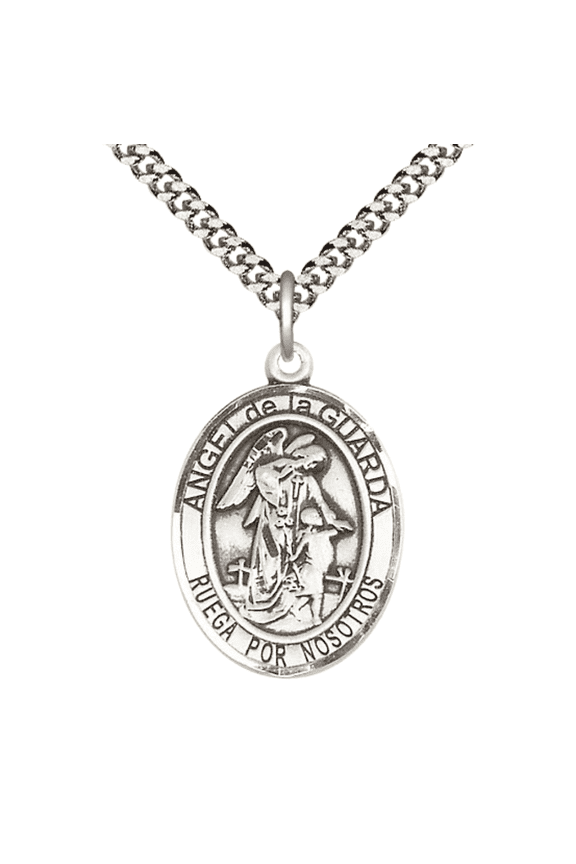 Mens 1 x 3/4" Oval Pewter Angel de la Guarda Medal Pendant on 24" Rhodium Plated Heavy Curb Brass Chain with Lobster Claw clasp, Catholic Religious Necklace -Made in USA- Velvet Gift Box