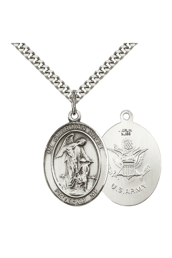Mens 1 x 3/4" Oval Pewter Guardian Angel Army Medal Pendant on 24" Rhodium Plated Heavy Curb Brass Chain with Lobster Claw clasp, Catholic Religious Necklace -Made in USA- Velvet Gift Box