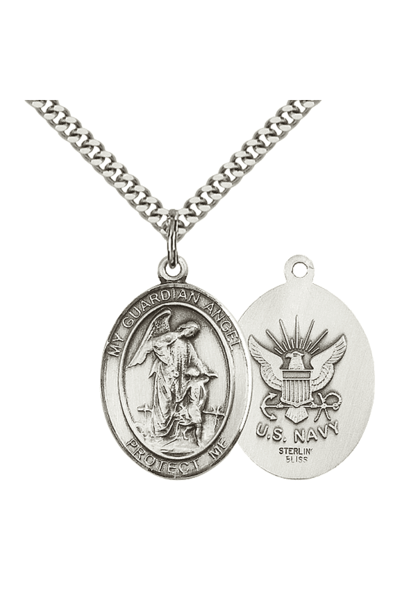 Mens 1 x 3/4" Oval Pewter Guardian Angel Navy Medal Pendant on 24" Rhodium Plated Heavy Curb Brass Chain with Lobster Claw clasp, Catholic Religious Necklace -Made in USA- Velvet Gift Box