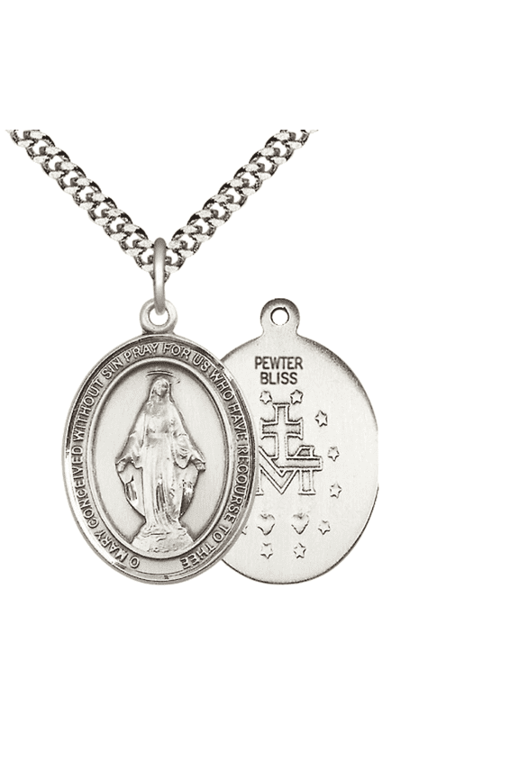 Mens 1 x 3/4" Oval Pewter Miraculous Medal Pendant on 24 inch Rhodium Plated Heavy Curb Brass Chain with Lobster Claw clasp, Catholic Religious Necklace -Made in USA- Deluxe Velvet Gift Box