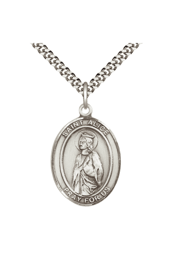 Mens 1 x 3/4" Oval Pewter Saint Alice Medal Pendant on 24 inch Rhodium Plated Heavy Curb Brass Chain with Lobster Claw clasp, Catholic Religious Necklace -Made in USA- Deluxe Velvet Gift Box
