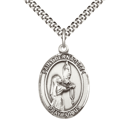 Mens 1 x 3/4" Oval Pewter Saint Bernadette Medal Pendant on 24" Rhodium Plated Heavy Curb Brass Chain with Lobster Claw clasp, Catholic Religious Necklace -Made in USA- Velvet Gift Box