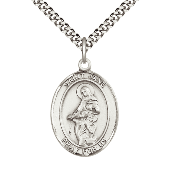 Mens 1 x 3/4" Oval Pewter Saint Jane of Valois Medal Pendant on 24" Rhodium Plated Heavy Curb Brass Chain with Lobster Claw clasp, Catholic Religious Necklace -Made in USA- Velvet Gift Box