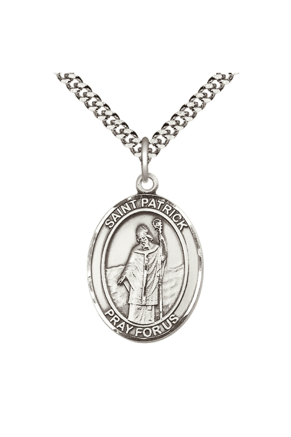 Mens 1 x 3/4" Oval Pewter Saint Patrick Medal Pendant on 24" Rhodium Plated Heavy Curb Brass Chain with Lobster Claw clasp, Catholic Religious Necklace -Made in USA- Deluxe Velvet Gift Box