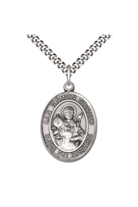 Mens 1 x 3/4" Oval Pewter San Ramon Nonato Medal Pendant on 24" Rhodium Plated Heavy Curb Brass Chain with Lobster Claw clasp, Catholic Religious Necklace -Made in USA- Velvet Gift Box