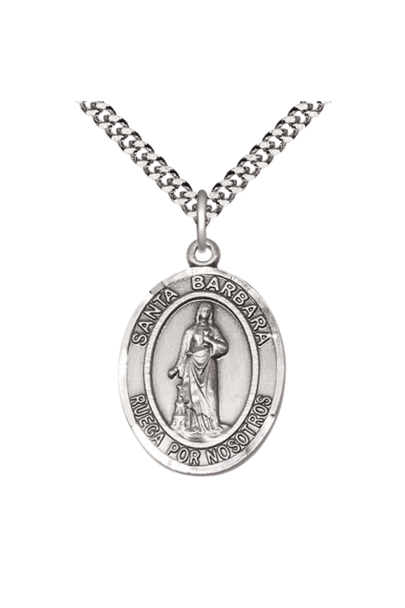 Mens 1 x 3/4" Oval Pewter Santa Barbara Medal Pendant on 24" Rhodium Plated Heavy Curb Brass Chain with Lobster Claw clasp, Catholic Religious Necklace -Made in USA- Deluxe Velvet Gift Box