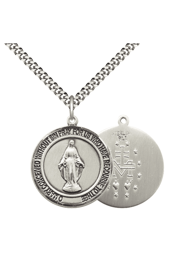 Mens 1 x 7/8" Round Pewter Miraculous Medal Pendant on 24 inch Rhodium Plated Heavy Curb Brass Chain with Lobster Claw clasp, Catholic Religious Necklace -Made in USA- Deluxe Velvet Gift Box