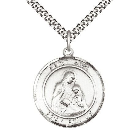 Mens 1 x 7/8" Round Pewter Saint Ann Medal Pendant on 24 inch Rhodium Plated Heavy Curb Brass Chain with Lobster Claw clasp, Catholic Religious Necklace -Made in USA- Deluxe Velvet Gift Box