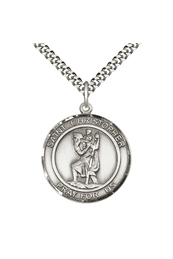 Mens 1 x 7/8" Round Pewter Saint Christopher Medal Pendant on 24" Rhodium Plated Heavy Curb Brass Chain with Lobster Claw clasp, Catholic Religious Necklace -Made in USA- Velvet Gift Box