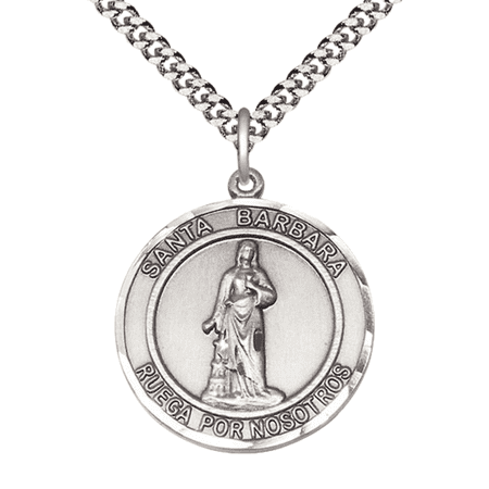 Mens 1 x 7/8" Round Pewter Santa Barbara Medal Pendant on 24" Rhodium Plated Heavy Curb Brass Chain with Lobster Claw clasp, Catholic Religious Necklace -Made in USA- Deluxe Velvet Gift Box