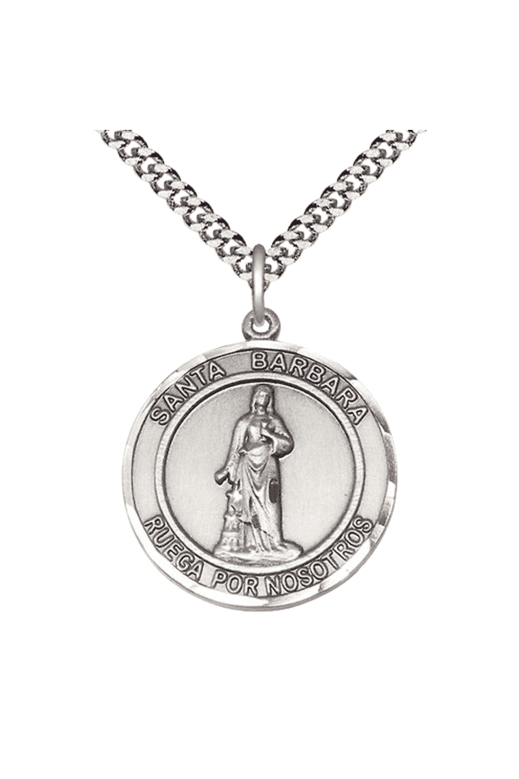 Mens 1 x 7/8" Round Pewter Santa Barbara Medal Pendant on 24" Rhodium Plated Heavy Curb Brass Chain with Lobster Claw clasp, Catholic Religious Necklace -Made in USA- Deluxe Velvet Gift Box