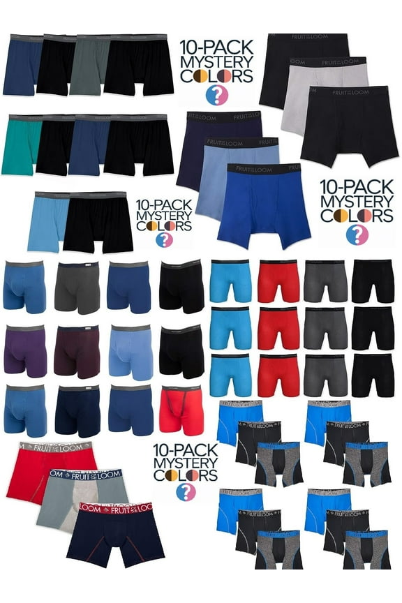 Mens 10-Pack Assorted Boxer Briefs by Fruit of the Loom Comfortable Mystery Pack Colors Materials Vary Large