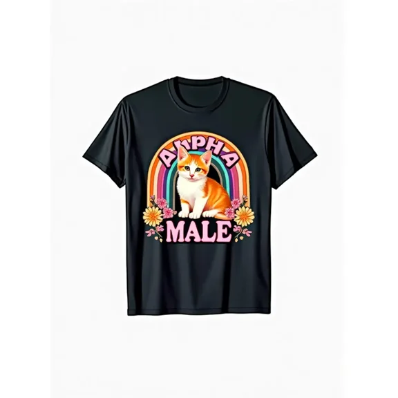 Mens 100% Casual T-Shirt with Cute Cat Print | Breathable, Comfortable Round Neck Short Sleeve Tee for Casual Attire, Valentines Day & Fathers Day Gift, Black with ALPHA MALE