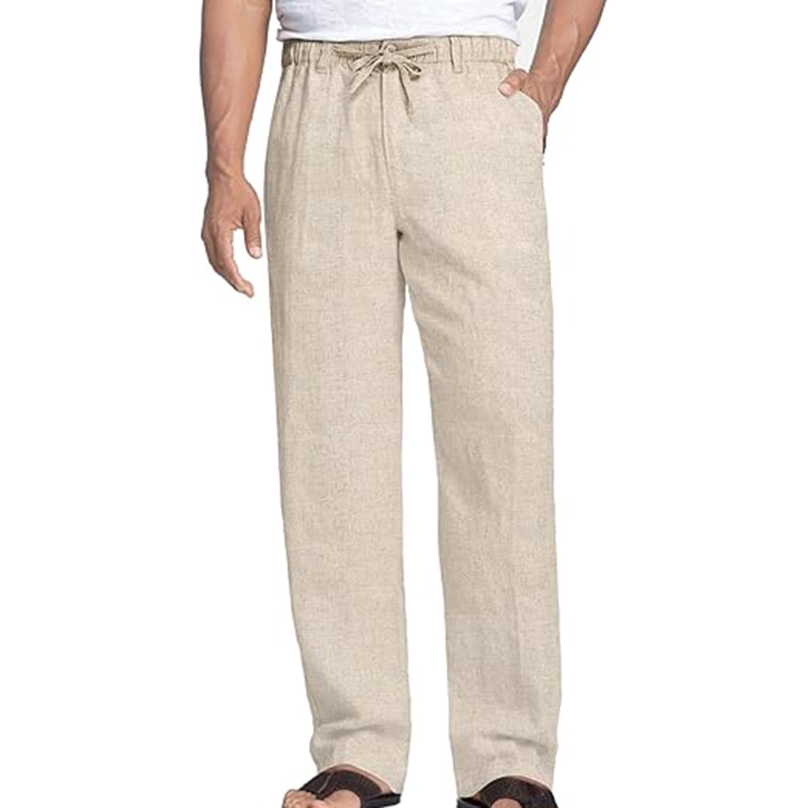 Mens 100% Cotton Linen Dress Pants Casual Elastic Waist Drawstring ...