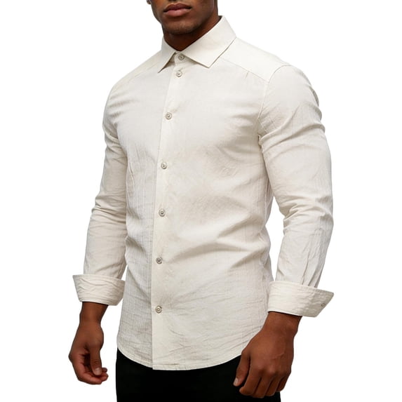 Mens 100% Cotton Oxford Shirt Long Sleeve formal Cuba Dress Shirts for Men Button Down Work Casual Shirt Size 2XL Beige