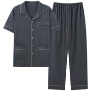 Mens 100% Cotton Pajama Set, Soft Short Sleeve Pajamas for Men Lightweight Button Up Sleepwear Lounge Pjs Set with Pockets Big and Tall Size L-4XL Black