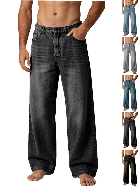 Mens 100%Denim Comfort Flex Waist Relaxed Fit Jeans Fashion Zipper Button Solid Casual Pocket Sports Trousers Pants Blue L