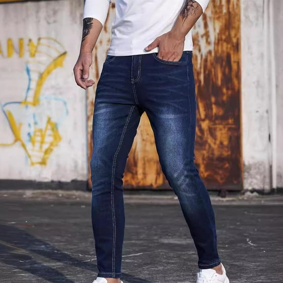 Mens 100%Denim Comfort Flex Waist Relaxed Fit Jeans Fashion Zipper Button Solid Casual Pocket Sports Trousers Pants Blue L