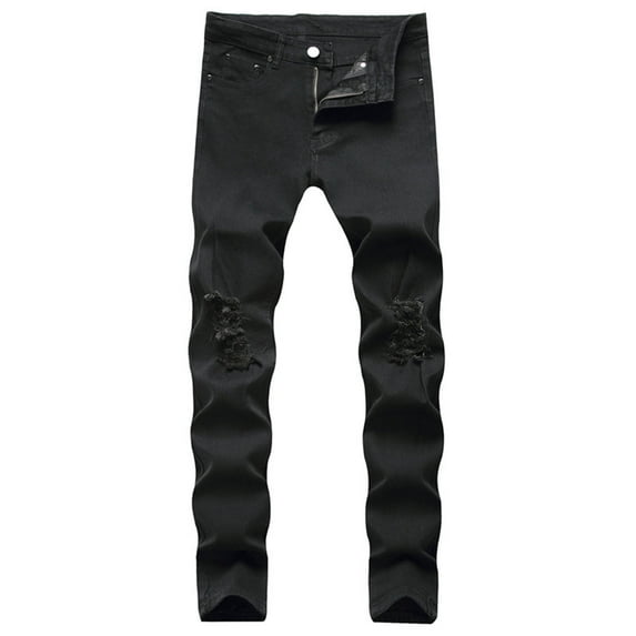 Mens 100%Denim and Big Men's Loose Fit Jeans Ripped Jeans Zipper Wash Elastic Trend Outdoors Trousers Black S