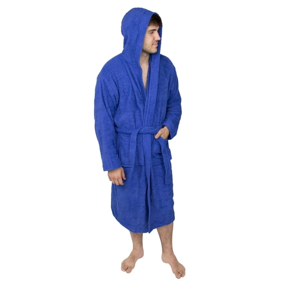 Mens 100% Terry Cotton Toweling Bathrobe Dressing Robe Hooded Blue Large