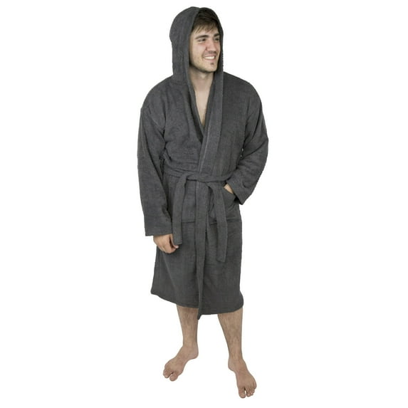 Mens 100% Terry Cotton Toweling Bathrobe Dressing Robe Hooded Char XL