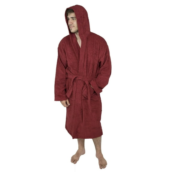 Mens 100% Terry Cotton Toweling Bathrobe Dressing Robe Hooded Wine XL