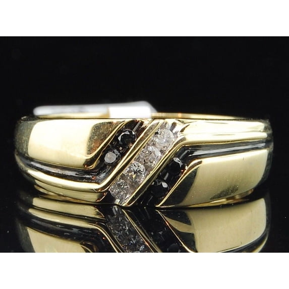 Mens 10K Yellow Gold 4 Stone Black & White Diamond Engagement Ring Wedding Band