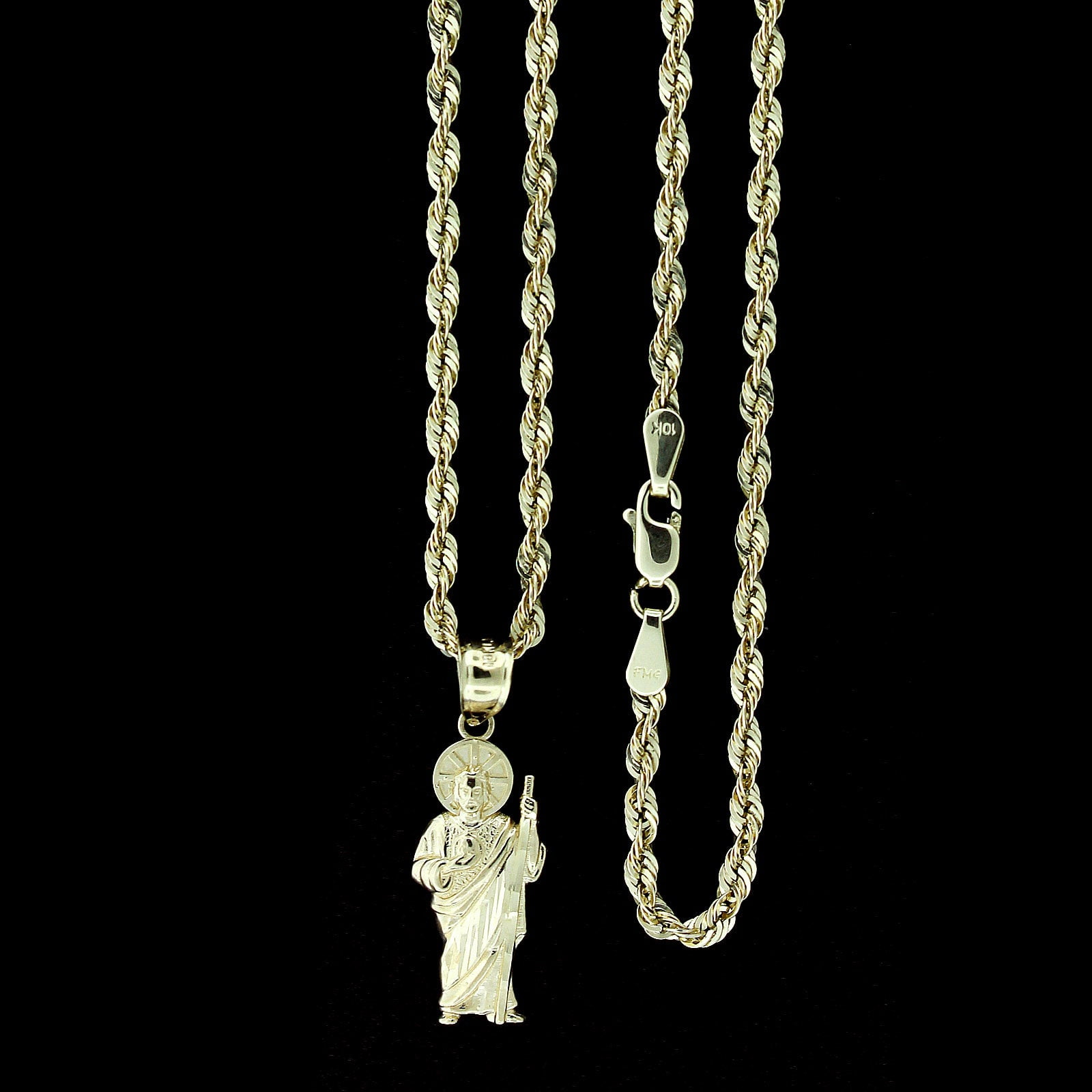 Mens 10K Yellow Gold Saint Jude San Judas Pendant With 2mm Rope Chain