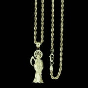 JEWELZKING Mens 10K Yellow Gold Santa Muerte Grim Reaper Pendant & 2.5mm Rope Chain Necklace Set