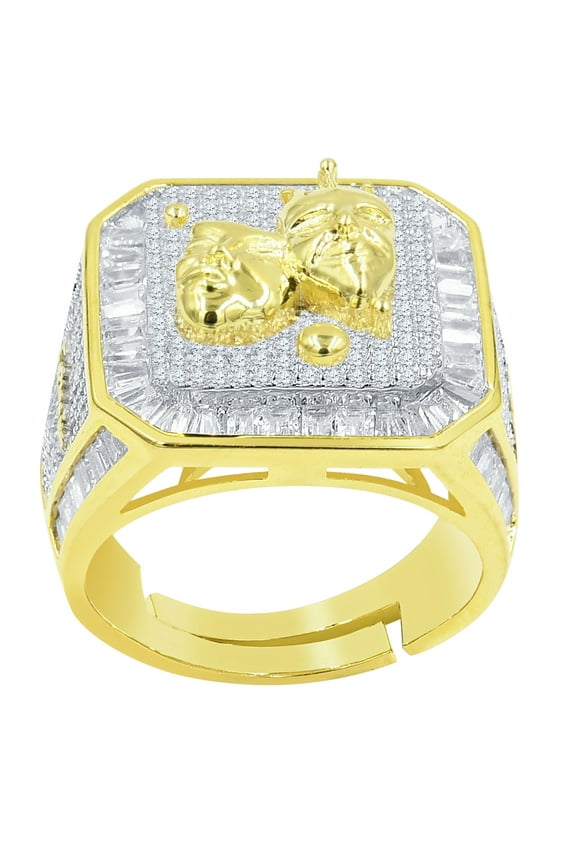 Mens 14K Gold Finish Gemini Twins Zodiac Sign Astrology Horoscope Band Baguette & Round Cut Simulated Diamond Ring