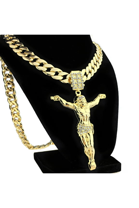 Mens 14K Gold Plated Jesus Body Pendant 3.5" Crucifix Charm 33" Inch Cuban Link Hip Hop Chain Necklace