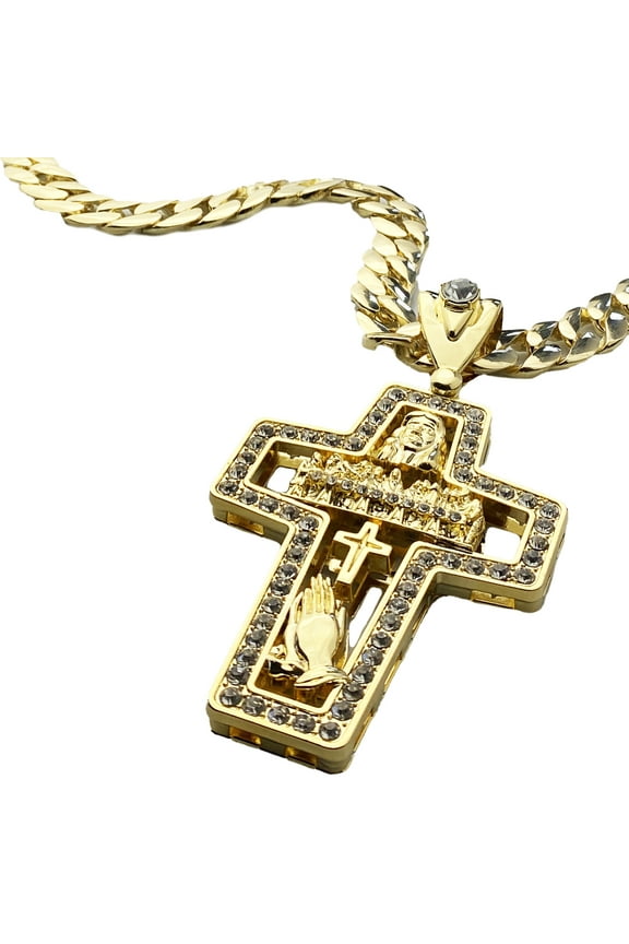 Mens 14K Gold Plated Open Cross Iced Combo Pendant Jesus Charm Last Supper Cross Praying Hands Hip Hop Chain Necklace 33"