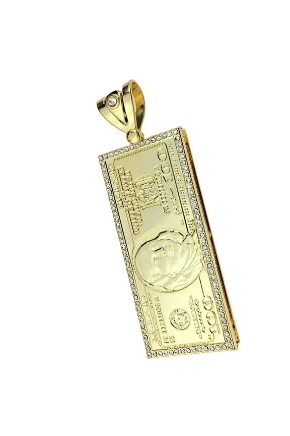 Mens 14K Gold Plated Pendant One Hundred Dollar Bill Big Bling Cash Hip Hop Money Charm $100 Benjamin Franklin Note