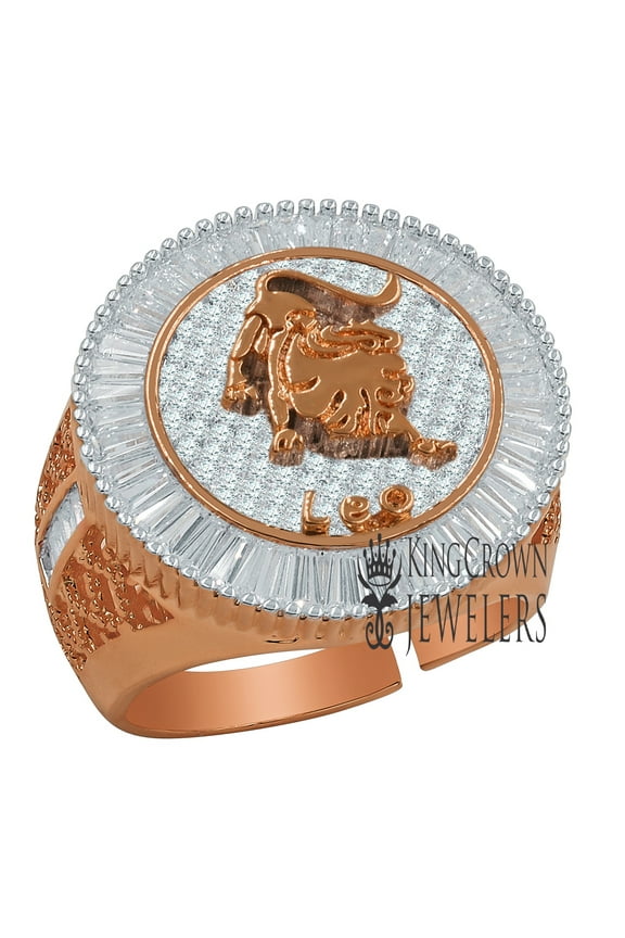 Mens 14K Rose Gold Finish Baguette Princess Cut Simulated Diamond Leo Lucky Lion Zodiac Sign Astrology Ring Band