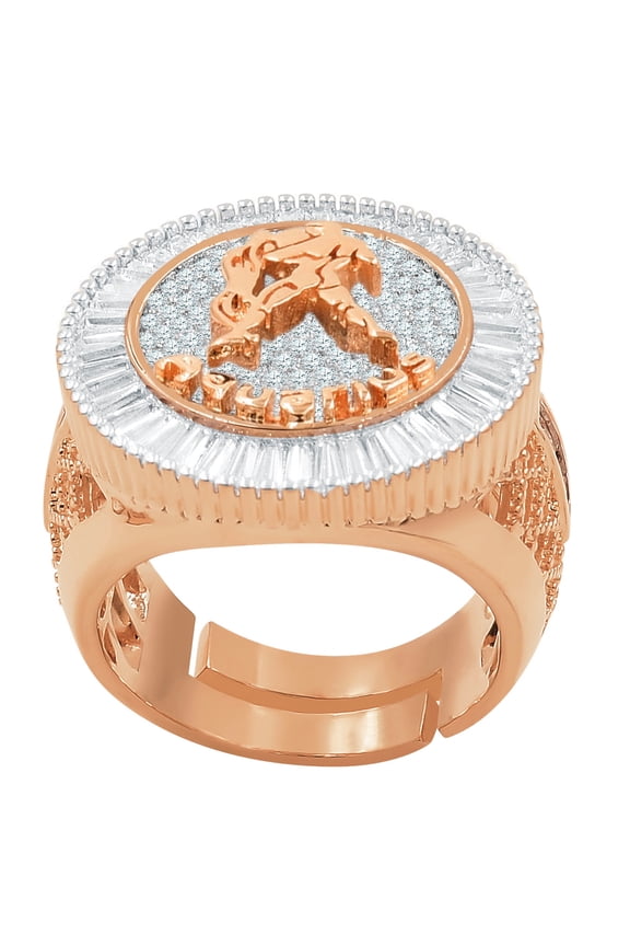 Mens 14K Rose Gold Finish Baguette/Round Cut Simulated Diamond Aquarius Water Zodiac Sign Astrology Ring Band