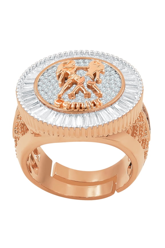Mens 14K Rose Gold Finish Baguette Round Cut Simulated Diamond Gemini Twins Zodiac Sign Astrology Ring Band