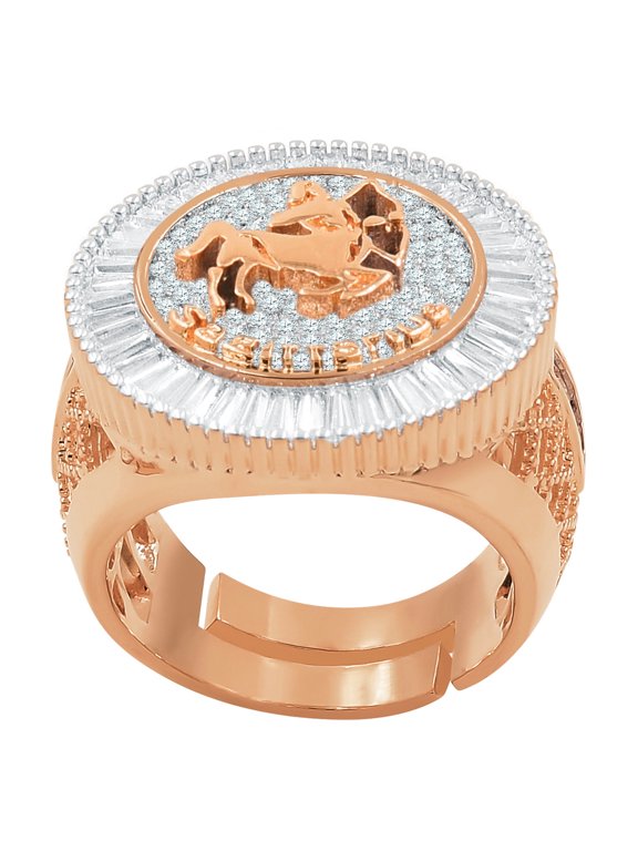 Mens 14K Rose Gold Finish Baguette/Round Cut Simulated Diamond Sagittarius Archer Zodiac Sign Astrology Ring Band