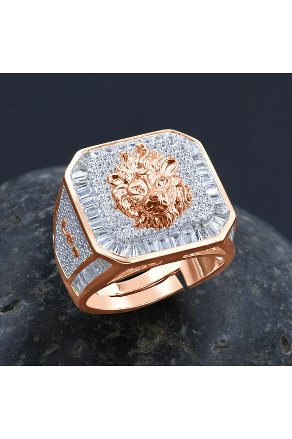 Mens 14K Rose Gold Finish Leo Lion Zodiac Sign Astrology Horoscope Band Baguette & Round Cut Simulated Diamond Ring