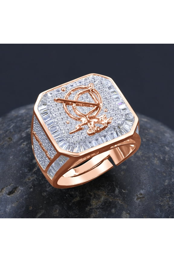 Mens 14K Rose Gold Finish Sagittarius Archer Zodiac Sign Astrology Horoscope Ring Baguette & Round Cut Simulated Diamond Band