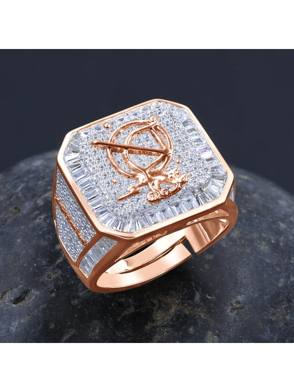 Mens 14K Rose Gold Finish Sagittarius Archer Zodiac Sign Astrology Horoscope Ring Baguette & Round Cut Simulated Diamond Band
