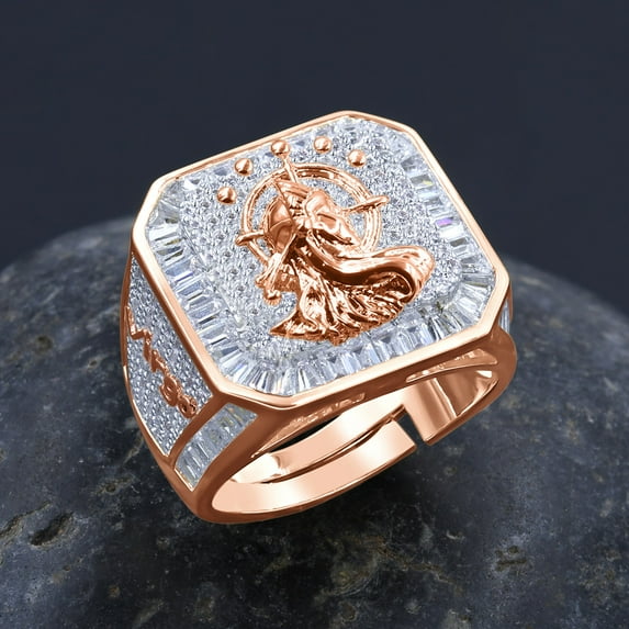 Mens 14K Rose Gold Finish Virgo Maiden Zodiac Sign Astrology Horoscope Band Baguette & Round Cut Simulated Diamond Ring